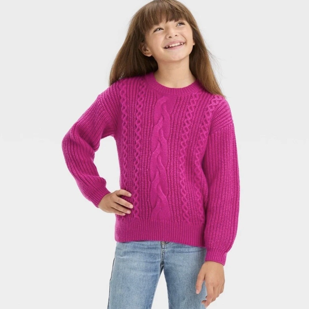 Cat and Jack Girls Cable Knit Soft Pullover Sweater In Purple Medium (8)
